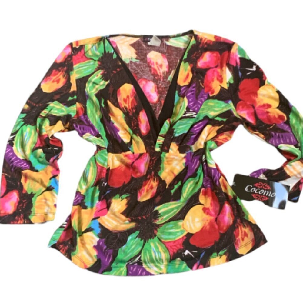 Cocomo L Tropical Floral‎ Stretch Knit Faux-Under-Layer V-Neck Top 48K